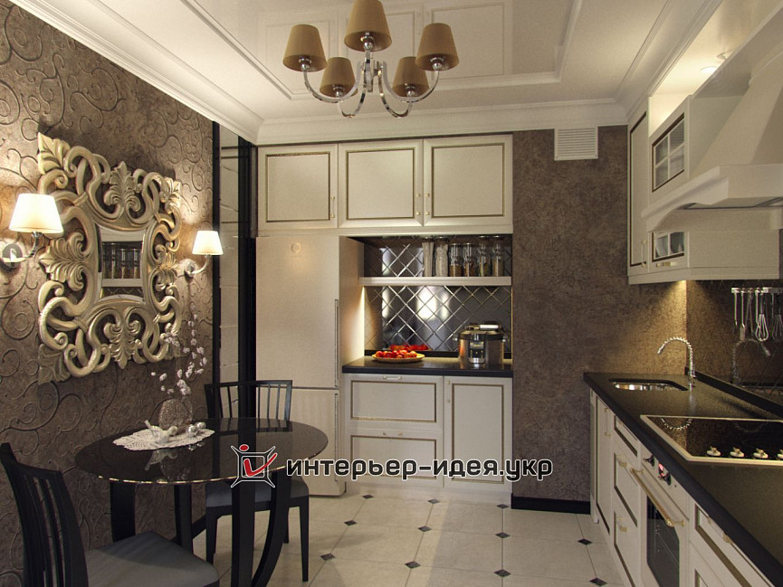 Дизайн вітальні, об'єднаної з кухнею і їдальнею зоною в стилі ар-деко