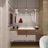 Дизайн ванної в пастельних тонах з акцентами червоного