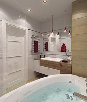 Дизайн ванної в пастельних тонах з акцентами червоного. Дизайн ВАННОЇ КІМНАТИ