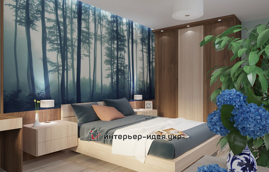 Дизайн спальні з фотошпалерами лісу