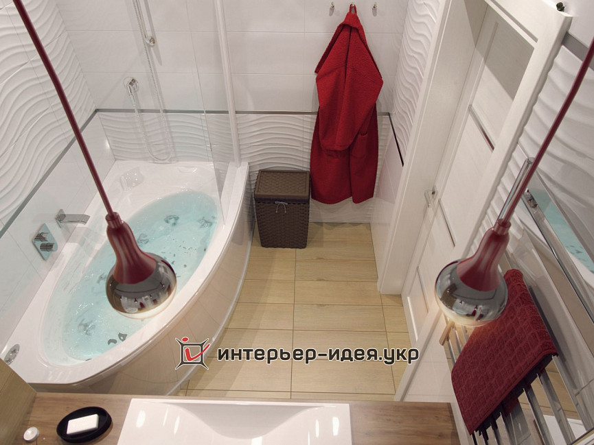 Дизайн ванної в пастельних тонах з акцентами червоного