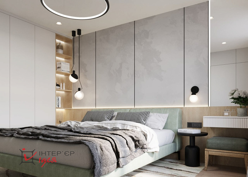 Сучасний контемпорарі стиль в спальні 15 м2