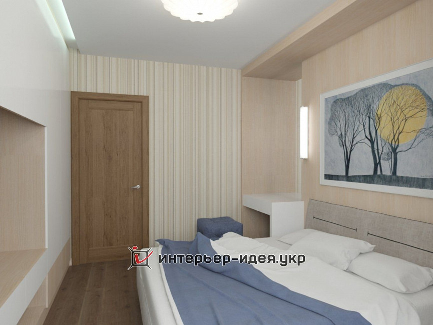 Дизайн мінімалістичної спальні в бежево-синьому кольорі 