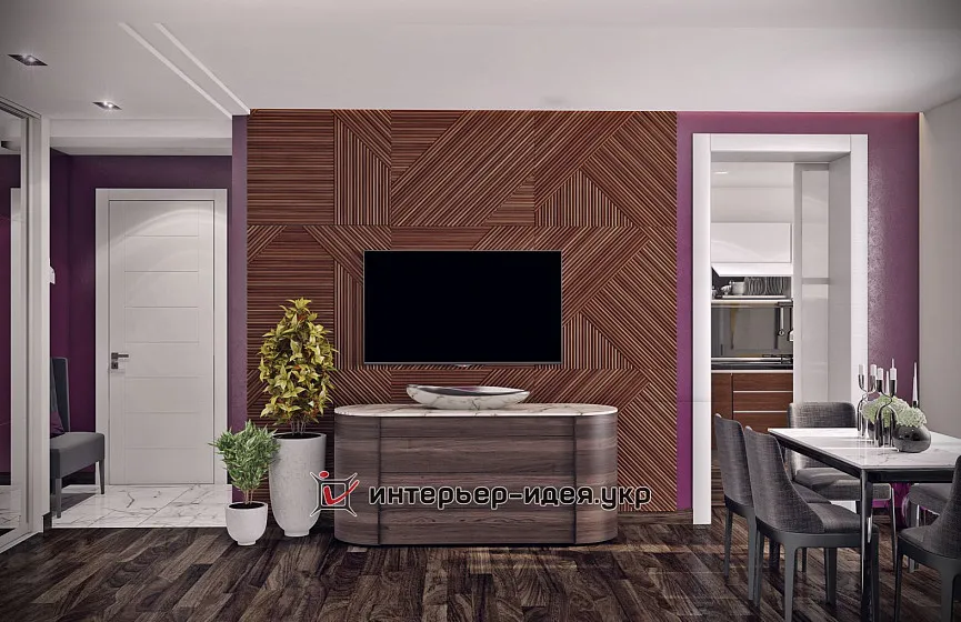 Дизайн вітальні, де вміло поєднуються фіолетовий та сірий колір